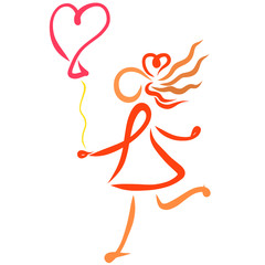 Joyful girl running with a balloon in the shape of a heart