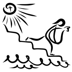 the sinner with a large bag descends the stairs downward, moving away from salvation