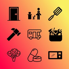 Vector icon set about home with 9 icons related to blank, cutlery, job, mixing, enter, construction, clean, support, build and manual