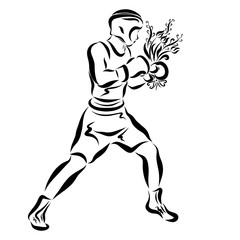 Romantic athlete, boxer with a bouquet of flowers