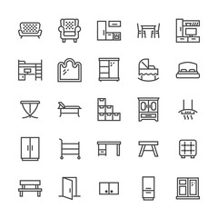 Furniture vector flat line icons. Living room tv stand, bedroom, baby crib, kitchen exhaust hood, sofa, nursery, dining table, door window. Thin signs collection interior store. Pixel perfect 48x48.