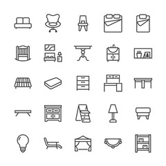Furniture vector flat line icons. Living room bathroom sink, bedroom, mattress, office chair, sofa, garden tent dining table, bed stepladder. Thin signs collection interior store. Pixel perfect 48x48.