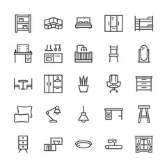 Furniture vector flat line icons. Living room, bedroom, baby crib, kitchen corner sofa, nursery dining table, pillows, home lighting, window. Thin signs collection interior store. Pixel perfect 48x48.