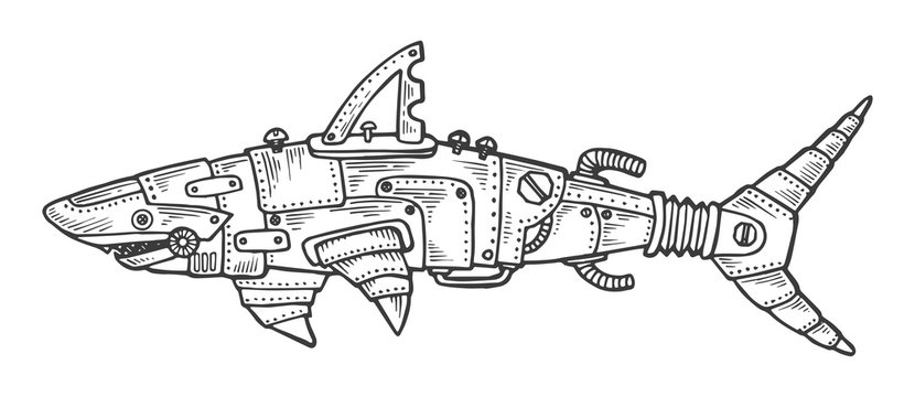 Mechanical shark animal engraving vector