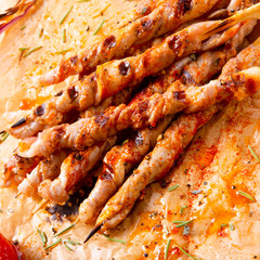 Fresh and crispy rustic pork belly grill sticks