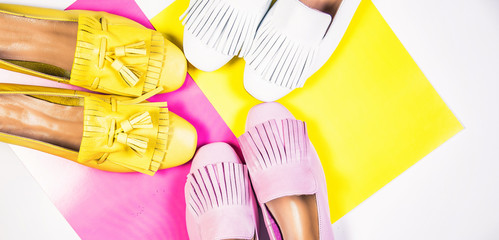 yellow red and white leather moccasins, shoes for girls