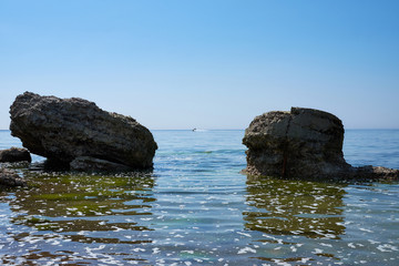 Fototapeta premium Bunker ruins near the Baltic Sea beach, part of the old fortress in the former Soviet Union base 