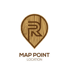 Letter R Logo Map Point Location with wooden texture, Pin maps symbol