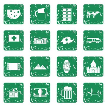 Switzerland Icons set in grunge style green isolated vector illustration
