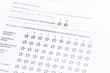Customer satisfaction survey and questionnaire concept. Giving feedback with multiple choice form. star rating.