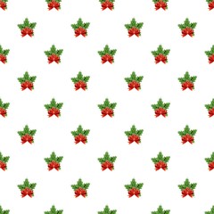 Christmas bow with holly berry pattern seamless repeat in cartoon style vector illustration