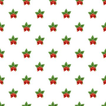 Christmas bow with holly berry pattern seamless repeat in cartoon style vector illustration