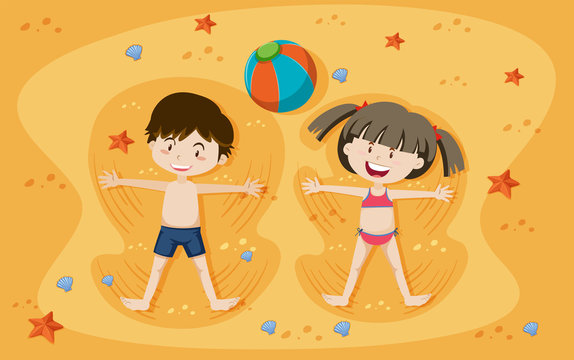 Happy Boy and Girl Playing in the Sand