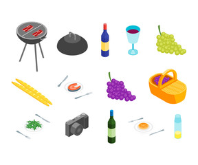 Family Picnic with Bbq Icons Isometric View. Vector