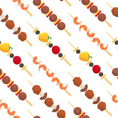 Cartoon Color Kebab on Wooden Skewers Seamless Pattern Background. Vector
