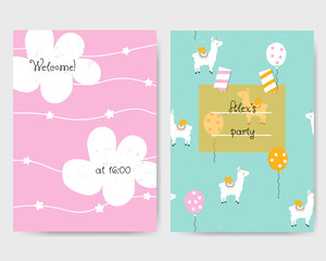 Set of cute kids party flyers. Vector hand drawn illustration.