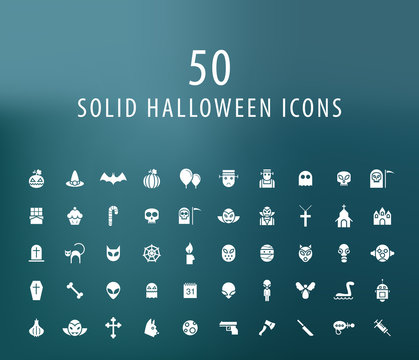 Set of 50 Universal Solid Halloween Icons on Dark Background . Isolated Elements