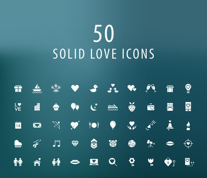 Set of 50 Universal Solid Love Icons on Dark Background . Isolated Elements