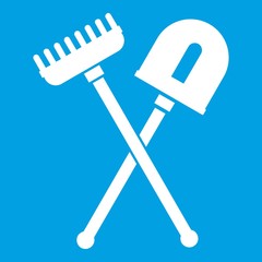 Shovel and rake icon white isolated on blue background vector illustration