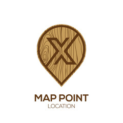 Letter X Logo Map Point Location with wooden texture, Pin maps symbol