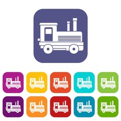 Locomotive icons set vector illustration in flat style in colors red, blue, green, and other