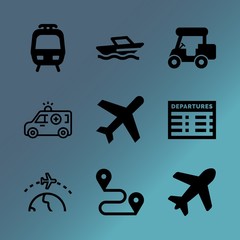 Vector icon set about transport with 9 icons related to weekend, play, aviation, pins, auto, wave, scooter, fun, first-aid and metro