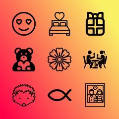 Vector icon set about love with 9 icons related to married, two, wreath, faith, sign, set, leaf, smile, celebrate and pet