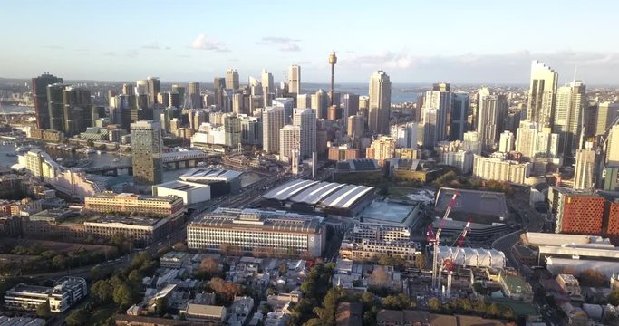 Aerial drone flight over Ultimo Sydney, approaching the city skyline from the South.