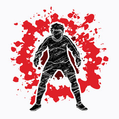 Goalkeeper prepare catches the ball designed on splatter color background graphic vector
