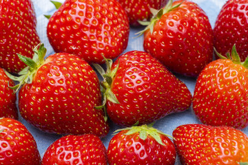 Strawberries Harvest on blue Cloth