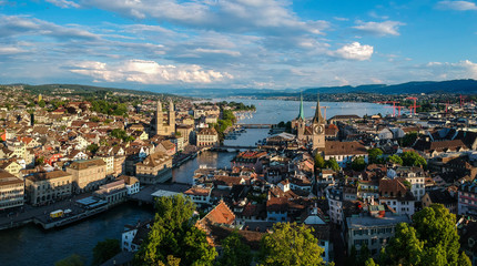 Historic Zurich center with famous Grossmünster Church, Fraumüster church, St. Peter Church,...