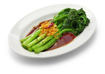choy sum stir fry with oyster sauce and garlic, chinese cuisine