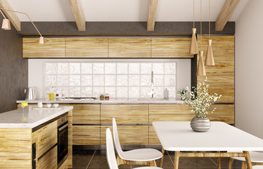 Modern interior design of wooden kitchen with island 3d rendering