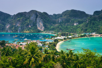 Tonsai Village and the mountains of Koh Phi Phi Island in Thailand