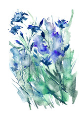 Watercolor bouquet of blue flowers, Beautiful abstract splash of paint, fashion illustration. Orchid flowers, gladiolus, cornflower, iris, wildflowers, field or garden flowers.On a white background
