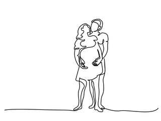 Continuous line drawing. Happy pregnant woman walking with her husband, silhouette picture. Vector illustration