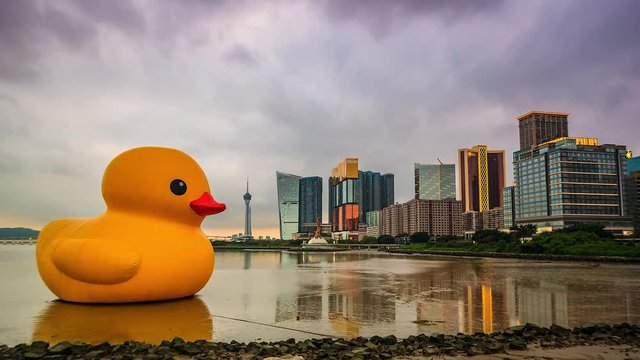 4K Timelapse of Macau city with yellow duck,  China