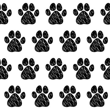 Doodle dog paw seamless pattern background. Abstract dog paw track swatch  for card, invitation, veterinarian clinic poster, textile, bag print, modern workshop advertising etc.
