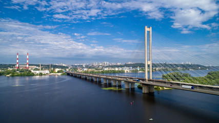 Fototapeta premium Aerial view of the South Bridge. Aerial view of South subway cable bridge. Kiev, Ukraine.