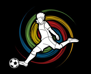 Soccer player shooting a ball action designed on spin wheel graphic vector