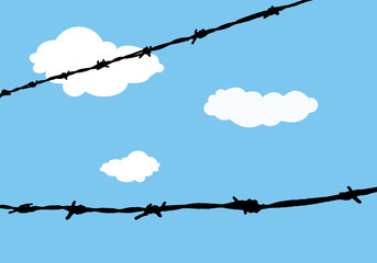 Barbed wire with blue sky with background clouds, with space for your text