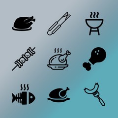 Vector icon set about barbecue with 9 icons related to barbeque, cooked, dish, sweet, snack, lunch, brown, logo, hot and food