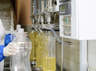 Sunflower oil factory. Factory line of production and filling of refined oil from sunflower seeds.