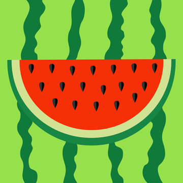 Watermelon slice icon . Cut half seeds. Red fruit berry flesh. Natural healthy food. Sweet water melon. Tropical fruits. Green striped peel background.
