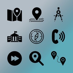 Vector icon set about location with 9 icons related to find, fast forward, sea, destination, navigation, wood, pictogram, exterior, object and label