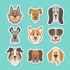Fototapeta premium Cute sticker collection with different types of dogs in cartoon style. Vector illustration.