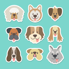 Cute sticker collection with different heads of dogs in cartoon style. Vector illustration.