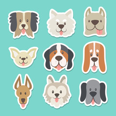 Fototapeta premium Cute sticker collection with different heads of dogs in cartoon style. Vector illustration.