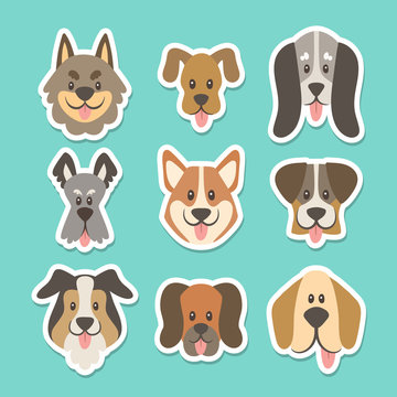 Cute sticker collection with different types of dogs in cartoon style. Vector illustration.