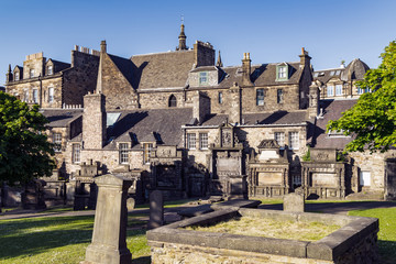 The grounds of Greyfriars Kirk, a church in Edinburgh Old Town, Scotland, UK.